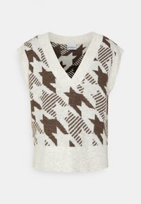 Beżowa dziergana kamizelka z dekoltem w serek, z brązowym wzorem gwiazdy i pasków. Krótkie rękawy i luźny krój.
