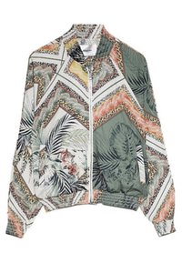 Multikleurige bomberjack met een bloem- en geometrisch patroon, rits aan de voorkant, ribgebreide manchetten en zoom, met een gladde textuur.