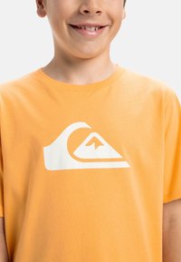 Camiseta de algodón naranja con un gran logotipo de ola blanca y un acento triangular, con un clásico cuello redondo y mangas cortas.