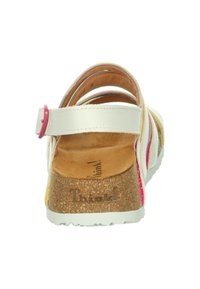 White leather sandal with pink accents, cork footbed, open back design, and multi-colored stripes along the sides; textured surface.