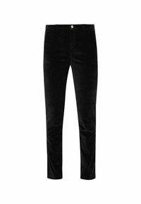 Pantalons en velours côtelé noir avec une coupe droite, présentant une texture lisse, un design traditionnel à cinq poches et un bouton en métal unique à la taille.