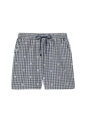 Shorts à carreaux bleu marine et blanc avec taille élastique, cordon de serrage, poches latérales, et petits motifs d'étoiles blanches brodées.