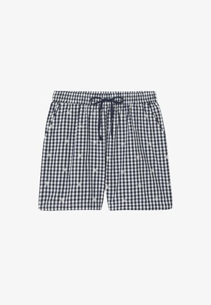 Shorts à carreaux bleu marine et blanc avec taille élastique, cordon de serrage, poches latérales, et petits motifs d'étoiles blanches brodées.