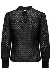 Blouse noire en dentelle à manches longues avec un motif floral géométrique, col haut, fermeture à bouton en trou de serrure au dos et manches cintrées.