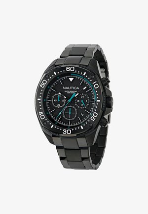 Fekete rozsdamentes acél óra kerek számlappal, textúrált fekete díjjal, fehér és türkizkék részletekkel, 100 méteres vízállósággal és kronográf funkciókkal.