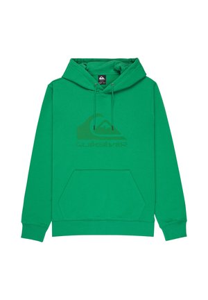 Green hooded sweatshirt made of soft fabric. Features a front kangaroo pocket and a large Quiksilver logo in a darker shade.