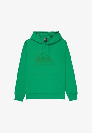 Green hooded sweatshirt made of soft fabric. Features a front kangaroo pocket and a large Quiksilver logo in a darker shade.