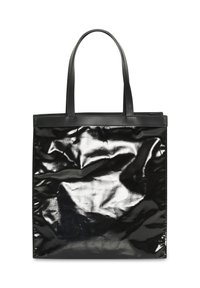 Sac à main noir avec une finition brillante, doté de deux longues poignées et d'une texture lisse. Forme rectangulaire simple sans ornements visibles.