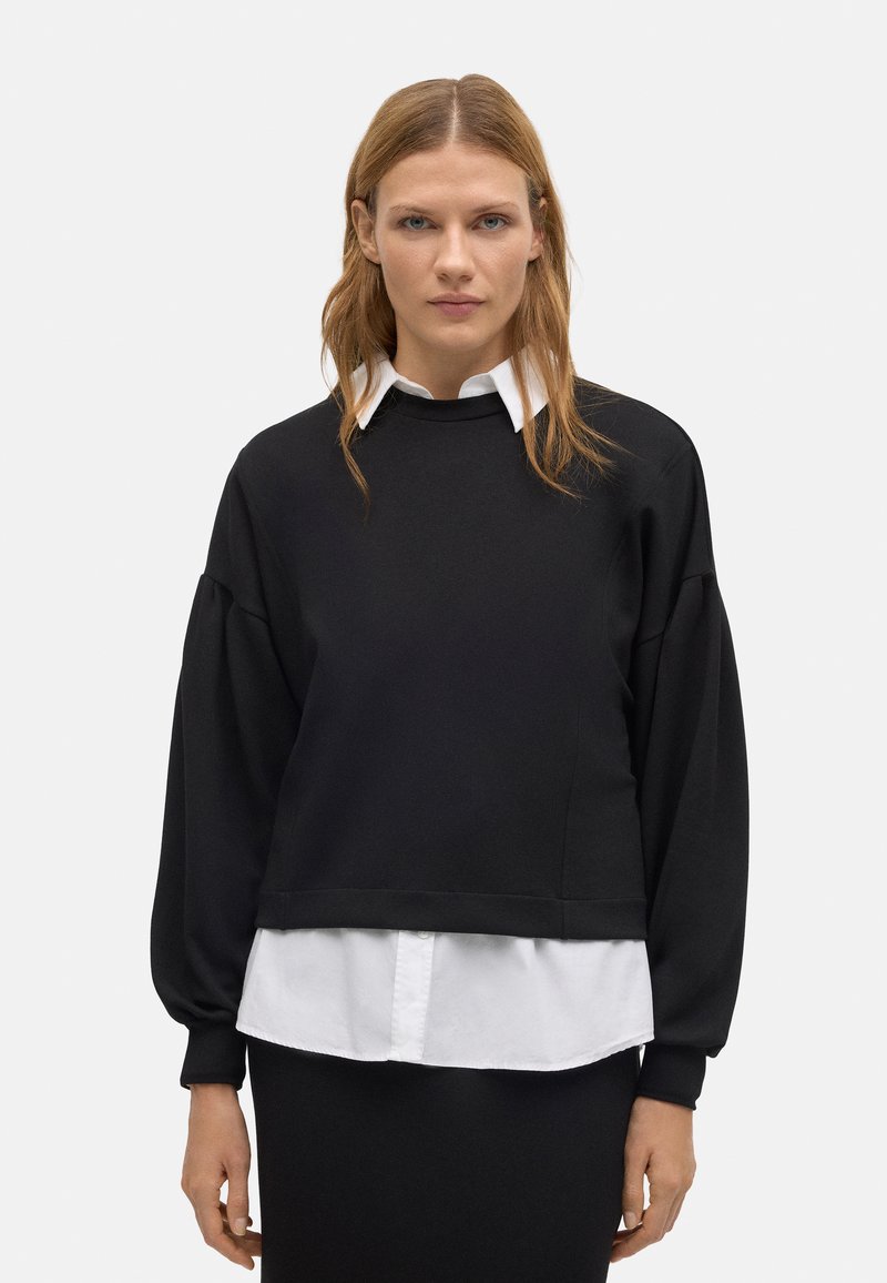 Sudadera negra con mangas voluminosas, tejido texturizado y cuello redondo, superpuesta sobre una camisa blanca con cuello, que ofrece un contraste en colores.