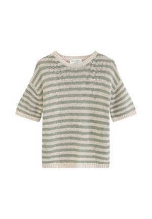 Groen-wit gestreepte, korte mouwen gebreide trui met ronde halslijn en geribde manchetten en zoom, plat uitgestald op een witte achtergrond.