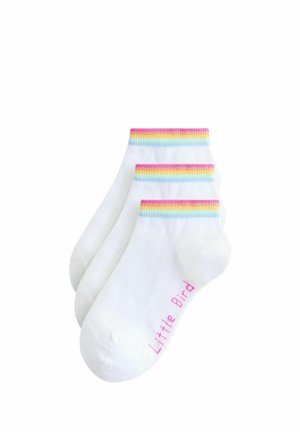 White cotton socks with a ribbed cuff featuring pastel rainbow stripes. "Little Bird" logo printed in pink on one side. Three pairs in total.
