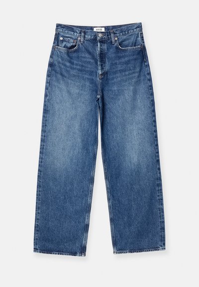 Light blue wide-leg jeans made of denim, featuring a classic five-pocket design, visible stitching, and a mid-rise waistband.