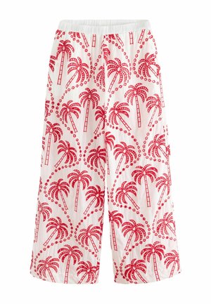 Katoenen cropped broeken met een elastische tailleband, voorzien van een rood palmboomontwerp op een witte achtergrond, met cirkelvormige accenten verspreid over het geheel.