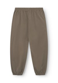 Khaki-harmaari urheiluhousut pehmeästä kankaasta, joissa on joustava vyötärö ja hihnat rentoa istuvuutta varten. Ei taskuja tai huomattavia kuvioita.