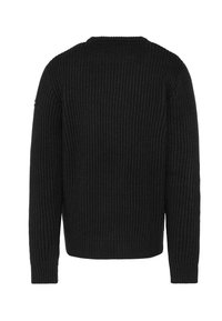 Czarny prążkowany sweter z okrągłym dekoltem, długimi rękawami i teksturowanym wykończeniem. Posiada subtelną detalę logo na lewej ramieniu.