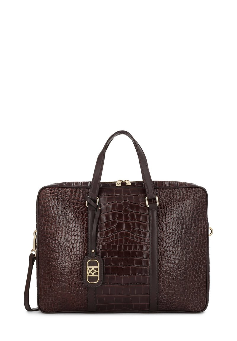 Biezu krokodīlu ādas portfelis ar divām augšējām rokturiem, noņemamu plecu siksnu un zeltījuma aksesuāriem.
