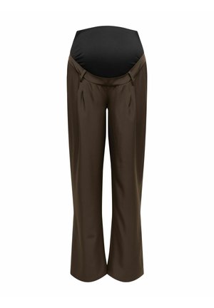 Rudos nėštumo kelnės su juodu elastiniu juosmens skydeliu. Suderintos tiesaus silueto kelnės su subtiliomis priekinėmis klostėmis.