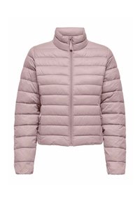 Heledad roosa puffjakker, millel on kõrge kaelus, eesmine lukustus ja horisontaalne tikitud disain. Valmistatud siledast, kergest kangast.