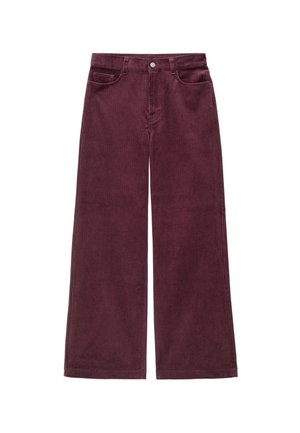 Burgundy corduroy wide-leg trousers with a high waist, featuring front pockets and a metal button closure. Textured, soft, and durable fabric.
