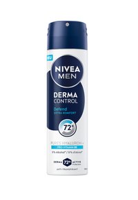 NIVEA Men Derma Control anti-transpirant, white bottle with dark blue cap, 150 ml. Features 72-hour protection, hyaluronic acid, and pro-vitamin B5.