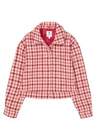 Kort jasje in een rood-witte geruite patroon met een textuurstof. Heeft een kraag en knoopsluiting. Gevoerd met een contrasterende roze kleur.