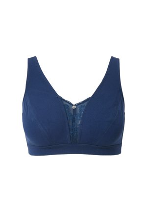 Sujetador inalámbrico azul marino con un inserto de encaje en la parte frontal, hecho de una tela suave. Presenta tirantes anchos y un diseño de escote en V para mayor comodidad.