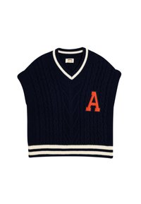 Chaleco de punto azul marino con diseño de trenzas, que presenta un cuello en V blanco y un dobladillo a rayas. Acabado con la letra "A" en naranja en la parte frontal.