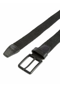 Schwarzer gewebter Gürtel mit einer strukturierten Stoffoberfläche, ausgestattet mit einer schwarzen Lederkante und einer rechteckigen Metallschnalle.