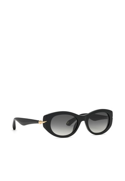 Lunettes de soleil œil de chat noires avec des verres gris dégradés et des détails dorés sur les branches, présentées sur fond blanc.