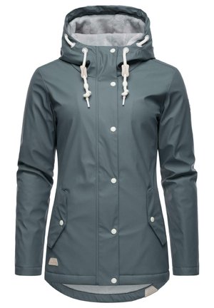 Damska matowa szara wodoodporna kurtka z kapturem, białymi sznurkami, zatrzaskami i dwoma przednimi kieszeniami z klapami.