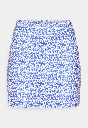 Blue leopard print mini skirt with a smooth texture, fitted design, and a solid waistband, featuring abstract white and light blue patterns.