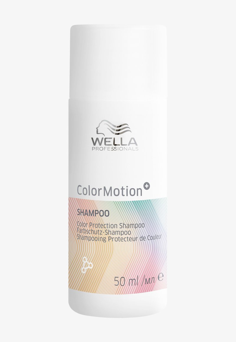 Bottiglia di shampoo cilindrica bianca con onde arcobaleno sfumate. L'etichetta presenta "Wella Professionals", "ColorMotion+" e "Shampoo Protettivo per Colore." 50 ml.