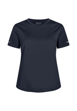 Camiseta de manga corta azul marino hecha de tela suave. Cuenta con un cuello redondo, ajuste relajado y el logo de la marca impreso en la manga izquierda.