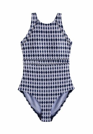 Einteiler-Badeanzug mit marineblauem und hellgrauem geometrischem Kettengliedmuster und hohem Ausschnitt.