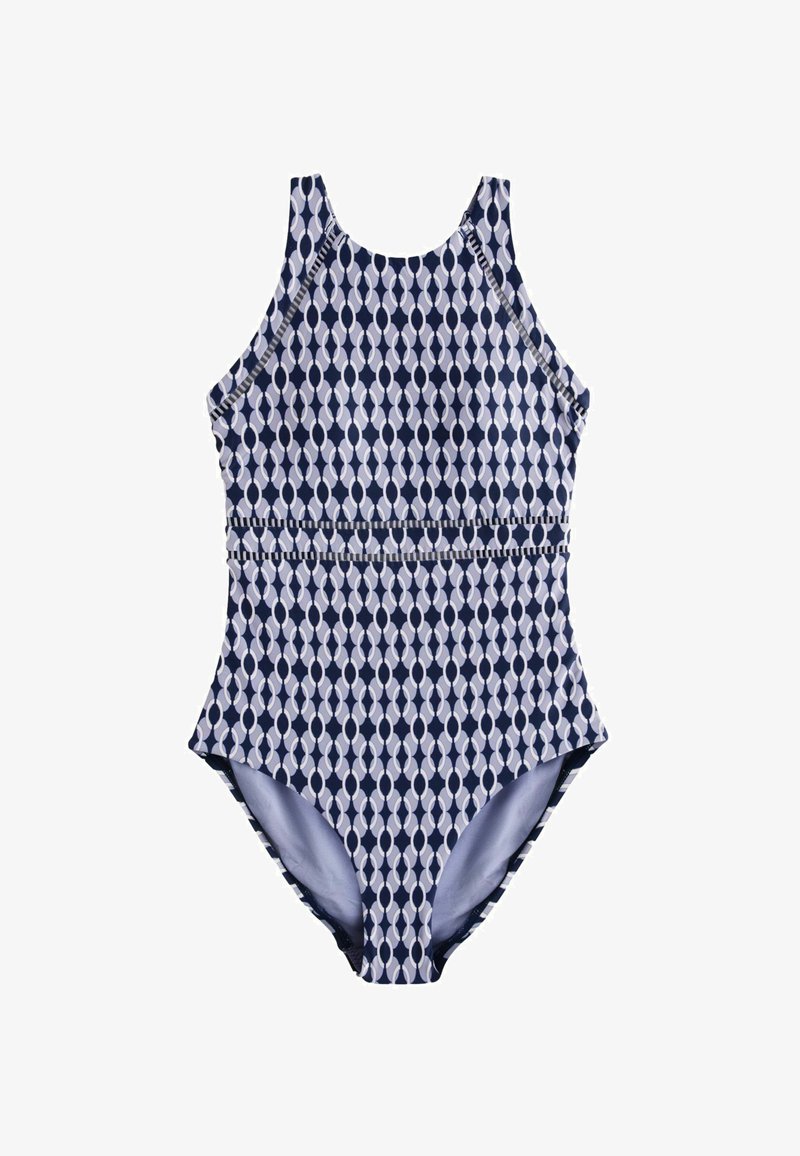 Maillot de bain une pièce avec un motif géométrique en chaînes de couleur bleu marine et gris clair, doté d'un col montant.