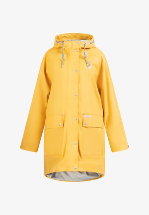 Cappotto impermeabile giallo con cappuccio, bottoni a pressione, due tasche frontali e un logo riflettente. Tessuto liscio con un taglio leggermente più lungo.