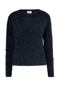 Maglione nero, fluffy, a maglia con maniche lunghe e scollatura rotonda. Presenta una finitura testurizzata con un motivo sottile su tutta la superficie.