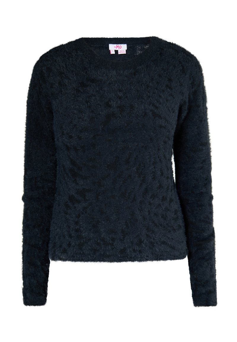 Maglione nero, fluffy, a maglia con maniche lunghe e scollatura rotonda. Presenta una finitura testurizzata con un motivo sottile su tutta la superficie.