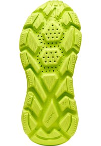 Suola di scarpa in gomma verde brillante con un motivo testurizzato che presenta disegni esagonali e a onda, fori di ventilazione e marchio del brand.
