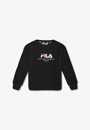 Felpa nera in pile con scollo rotondo. Presenta il logo "FILA" in bianco e rosso e la scritta "ESTABLISHED 1911" in bianco. Polsini e orlo a costine.
