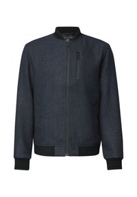 Men's dark grey bomber jacket with black ribbed collar, cuffs, hem, front zipper, and vertical zip pocket on the chest.