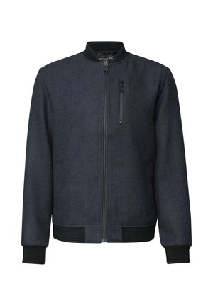 Dunkelgraue Bomberjacke für Herren mit schwarzem Rippkragen, Rippbündchen, Saum, vorderem Reißverschluss und vertikaler Reißverschlusstasche auf der Brust.