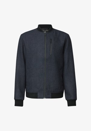 Donkergrijze bomberjack voor heren met een zwarte geribbelde kraag, manchetten, onderrand, voorkant met rits en verticale ritszak op de borst.