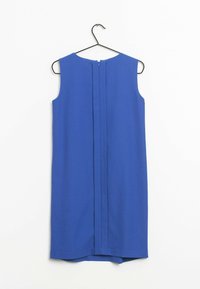 Blaues ärmelloses Kleid mit geradem Schnitt, ausgestattet mit einem Reißverschluss auf der Rückseite und einer sauberen, glatten Textur. Hängt an einem schwarzen Drahtkleiderbügel.