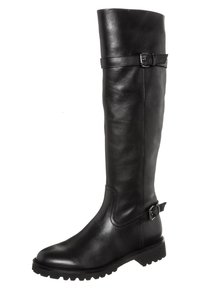 Czarne skórzane buty do kolan z okrągłym noskiem, akcentami w postaci klamr oraz teksturowaną podeszwą zapewniającą przyczepność. Gładkie wykończenie z przeszyciami.