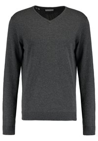 Mörkgrå tröja med V-ringning i mjukt stickat material, lång ärm, samt ribbad nederkant och manschetter.