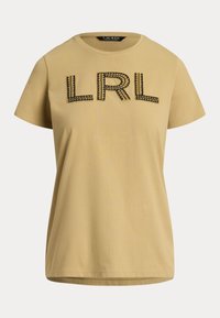 Gul t-skjorte i bomull med rund hals og korte ermer, utsmykket med svart og gull "LRL" bokstaver på forsiden.