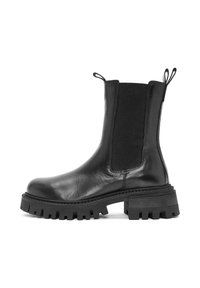 Botas tobilleras de cuero negro con suela gruesa, paneles laterales elásticos y tiradores. Presentan una textura suave y una construcción robusta.