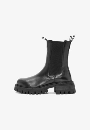 Black leather ankle boots with a chunky sole, elastic side panels, and pull tabs. Features a smooth texture and robust construction.