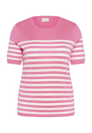 Pulover cu dungi, având dungi orizontale roz și albe, mâneci scurte, decolteu rotund și textură moale. Etichetă de marcă la guler.